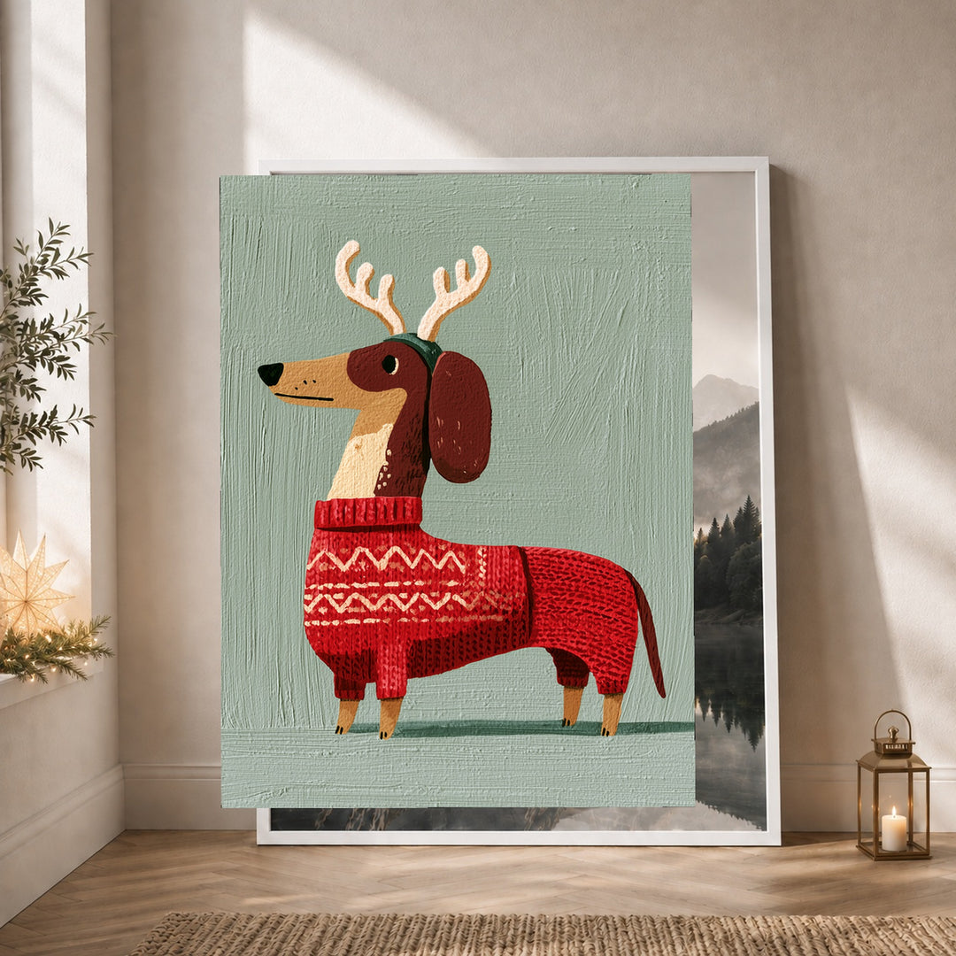 Dackel im Weihnachtspullover Poster – Weißer Rahmen – Produktfoto