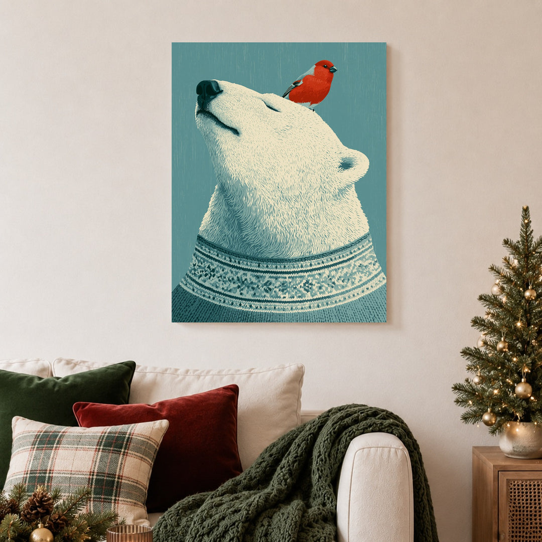 Eisbär mit rotem Vogel Poster – Ohne Rahmen – Produktfoto