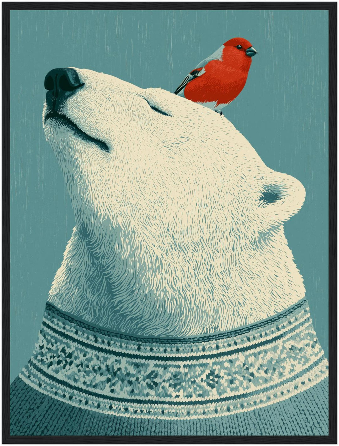 Eisbär mit rotem Vogel Poster – Schwarzer Rahmen – Produktfoto