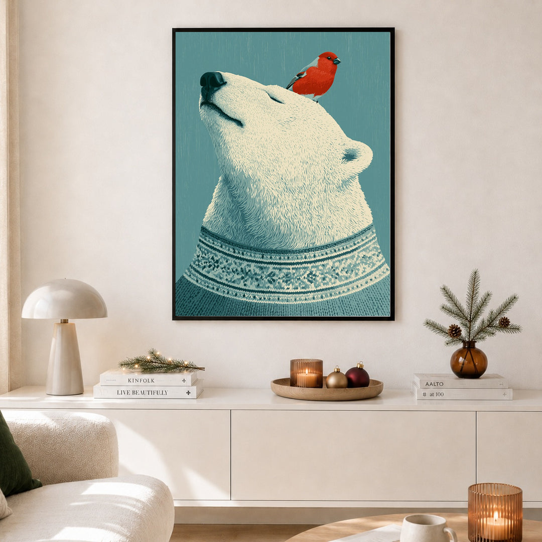 Eisbär mit rotem Vogel Poster – Schwarzer Rahmen – Produktfoto