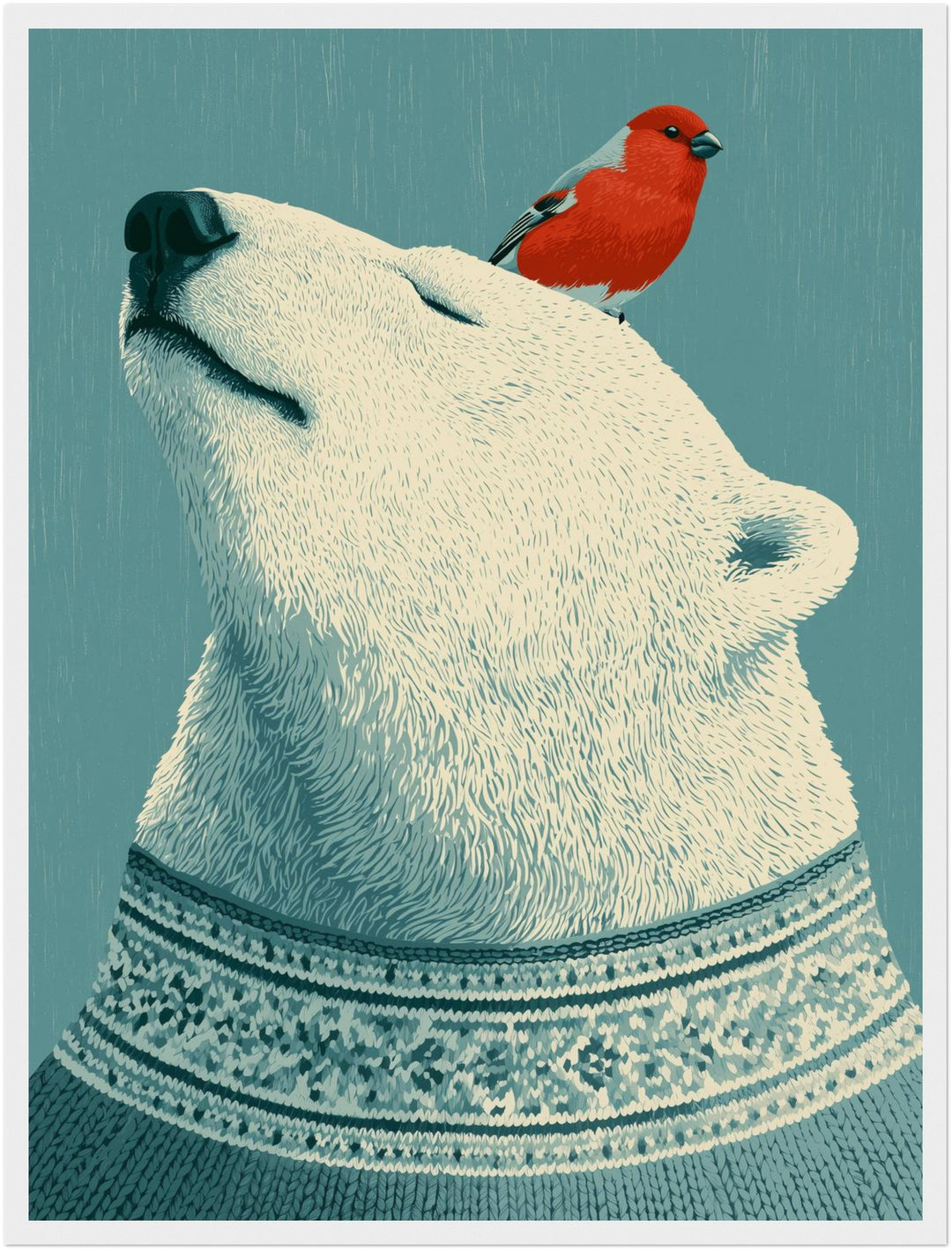 Eisbär mit rotem Vogel Poster – Weißer Rahmen – Produktfoto