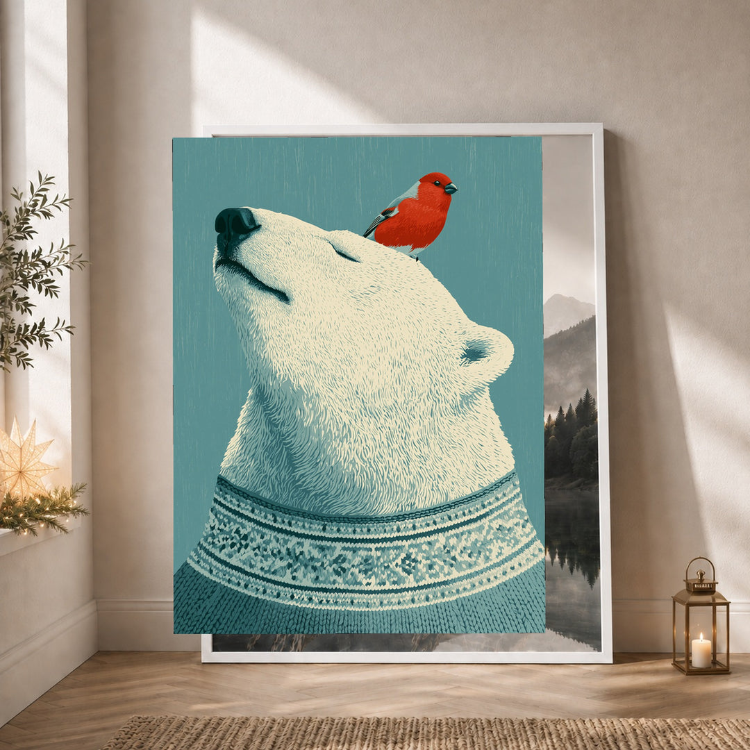 Eisbär mit rotem Vogel Poster – Weißer Rahmen – Produktfoto