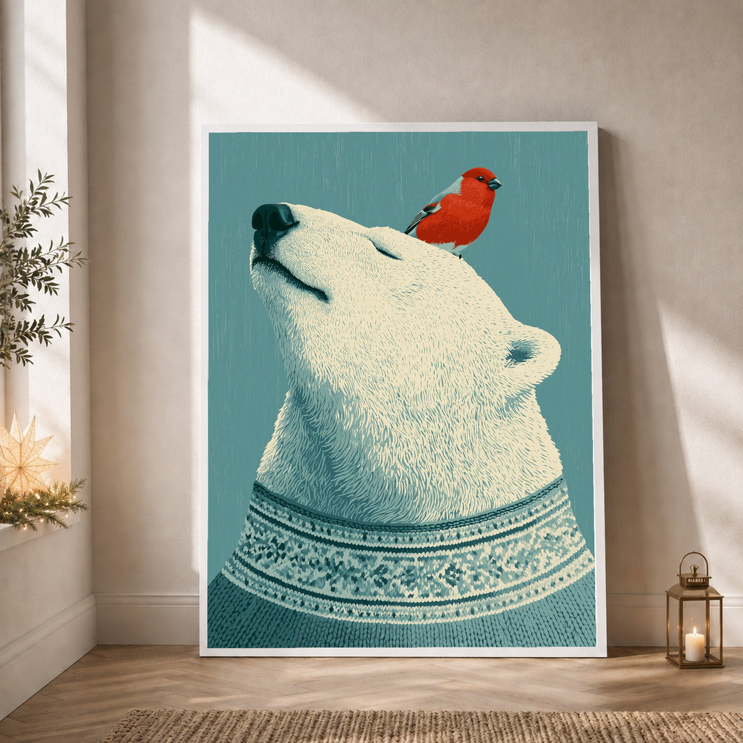 Eisbär mit rotem Vogel Poster