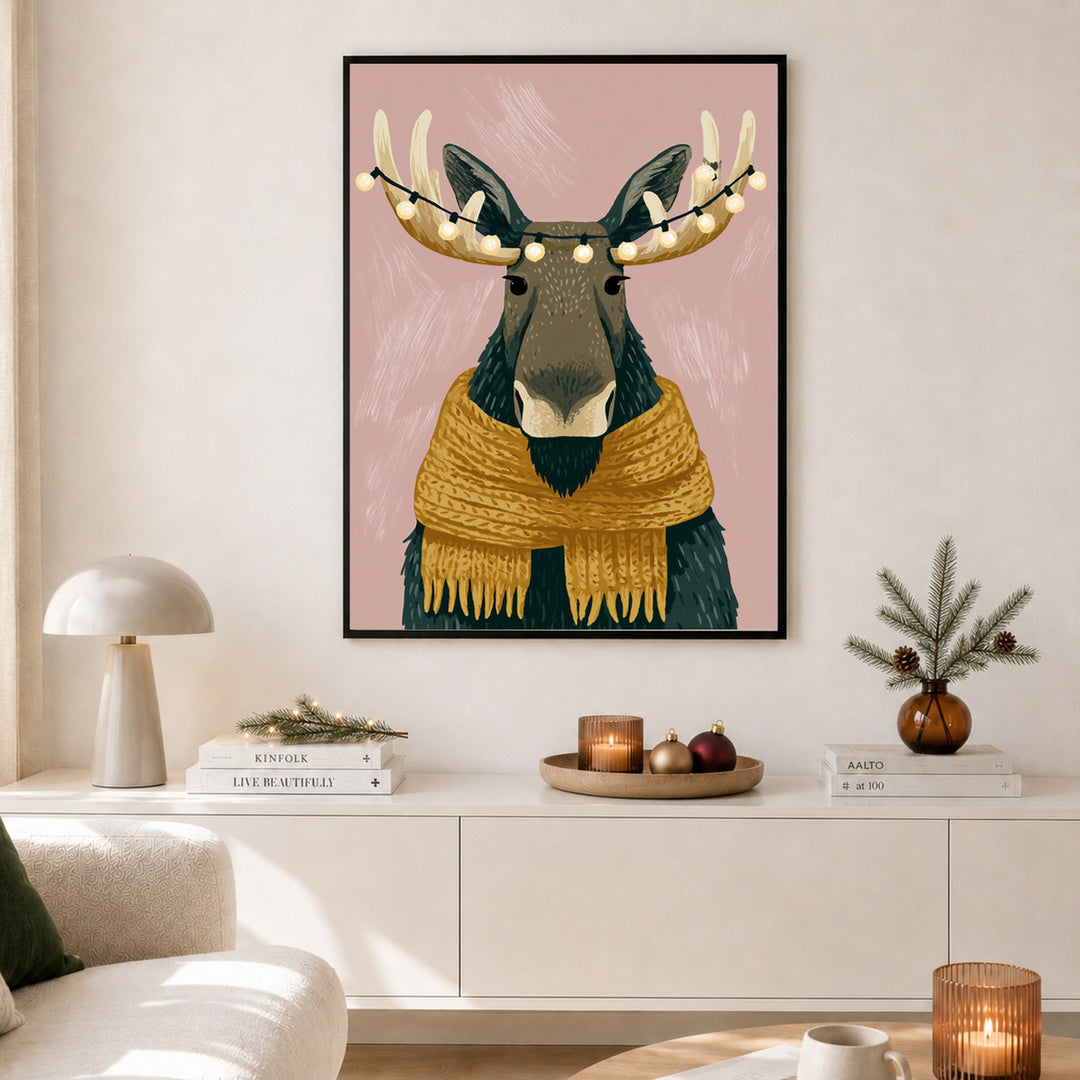 Elch mit Lichterkette Poster – Schwarzer Rahmen – Produktfoto