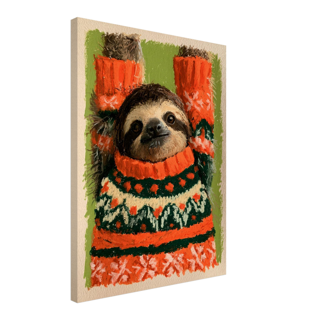 Faultier im Weihnachtspullover Leinwandbild – Schräge Ansicht – Produktfoto
