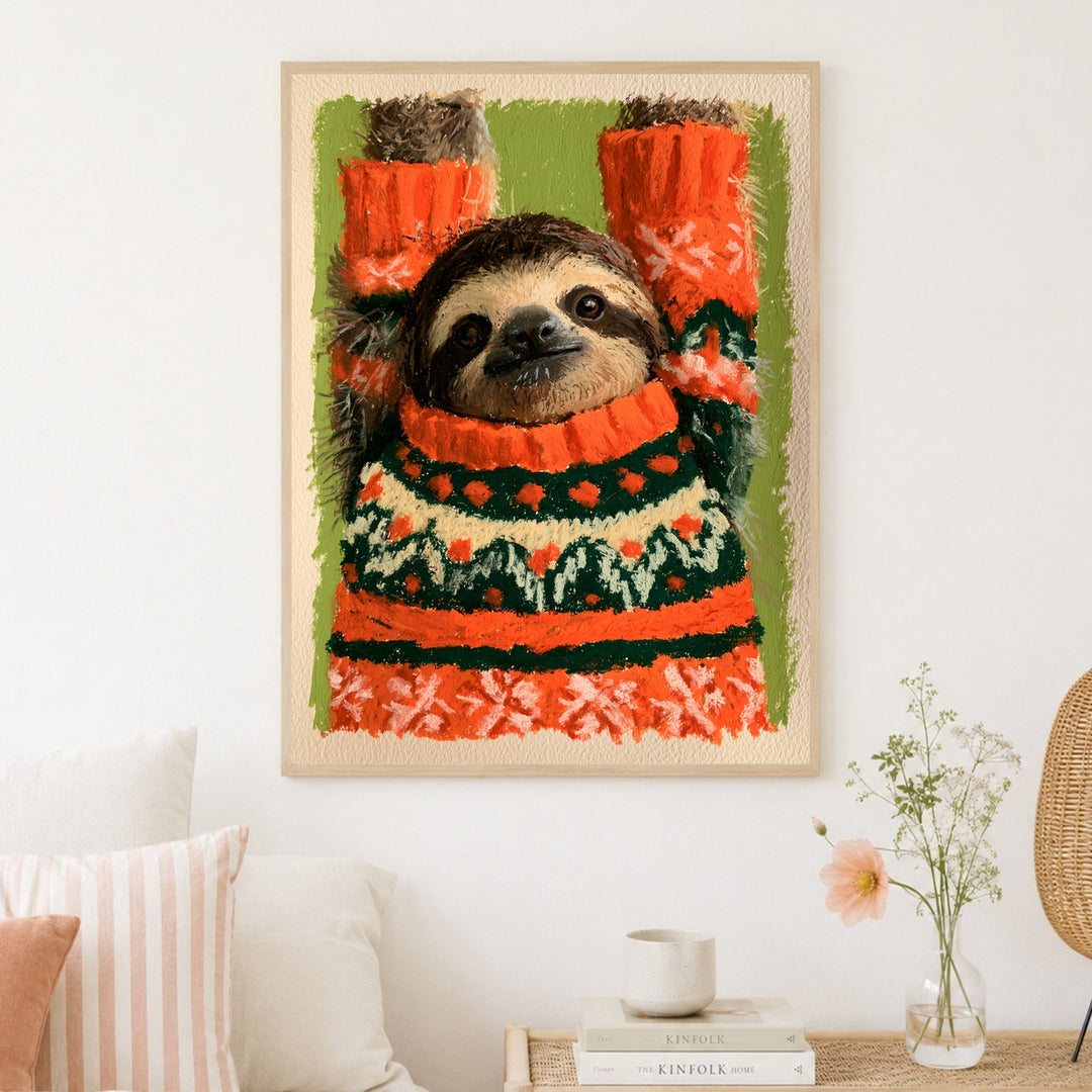 Faultier im Weihnachtspullover Poster – Holz natur Rahmen – Produktfoto