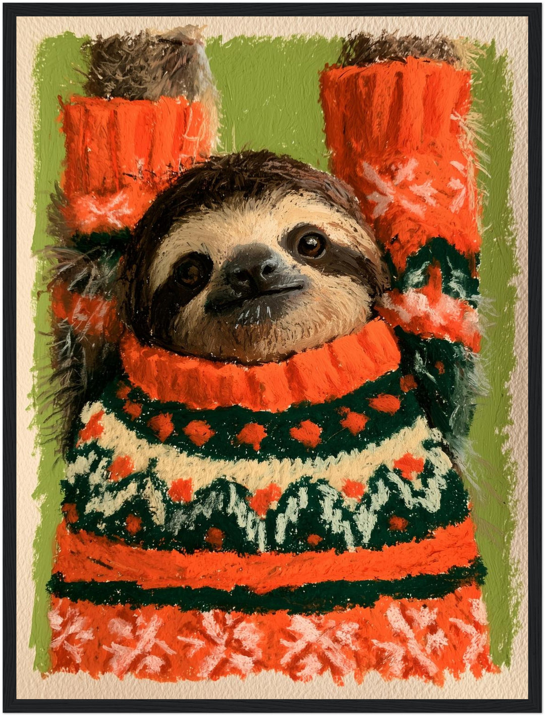 Faultier im Weihnachtspullover Poster – Schwarzer Rahmen – Produktfoto