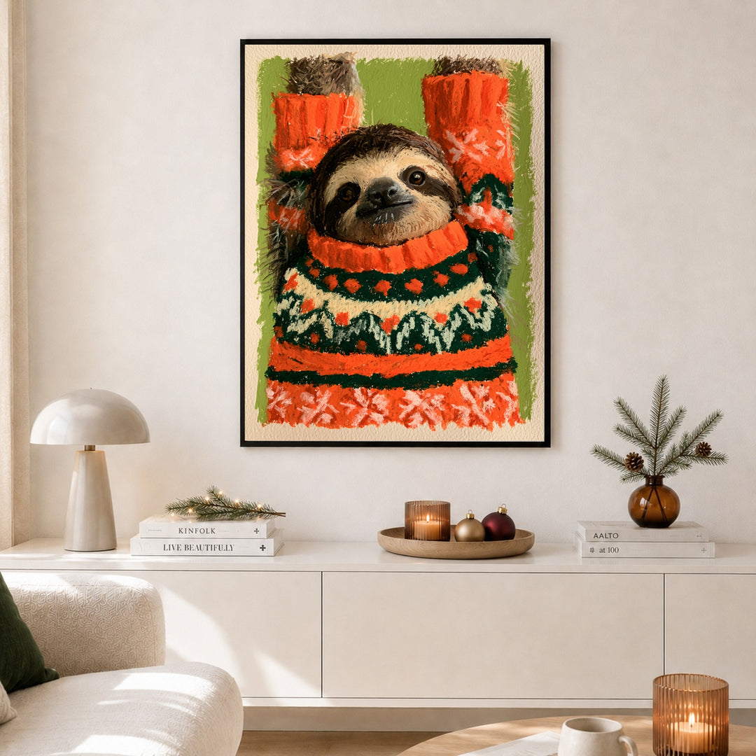 Faultier im Weihnachtspullover Poster – Schwarzer Rahmen – Produktfoto