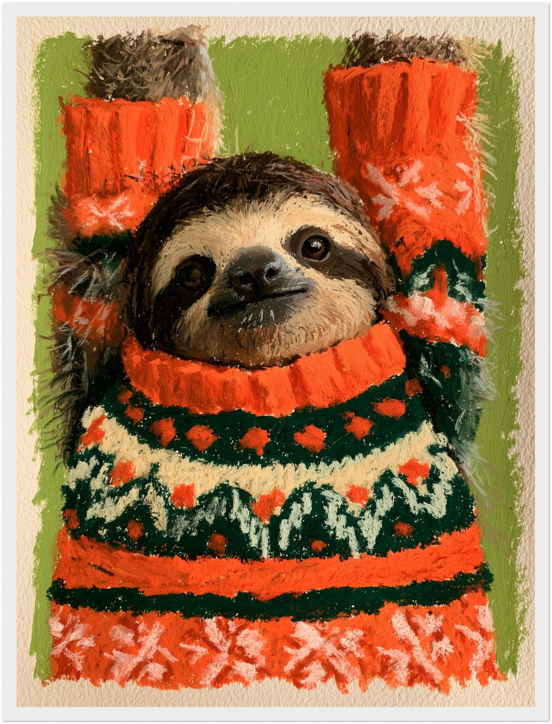Faultier im Weihnachtspullover Poster – Weißer Rahmen – Produktfoto