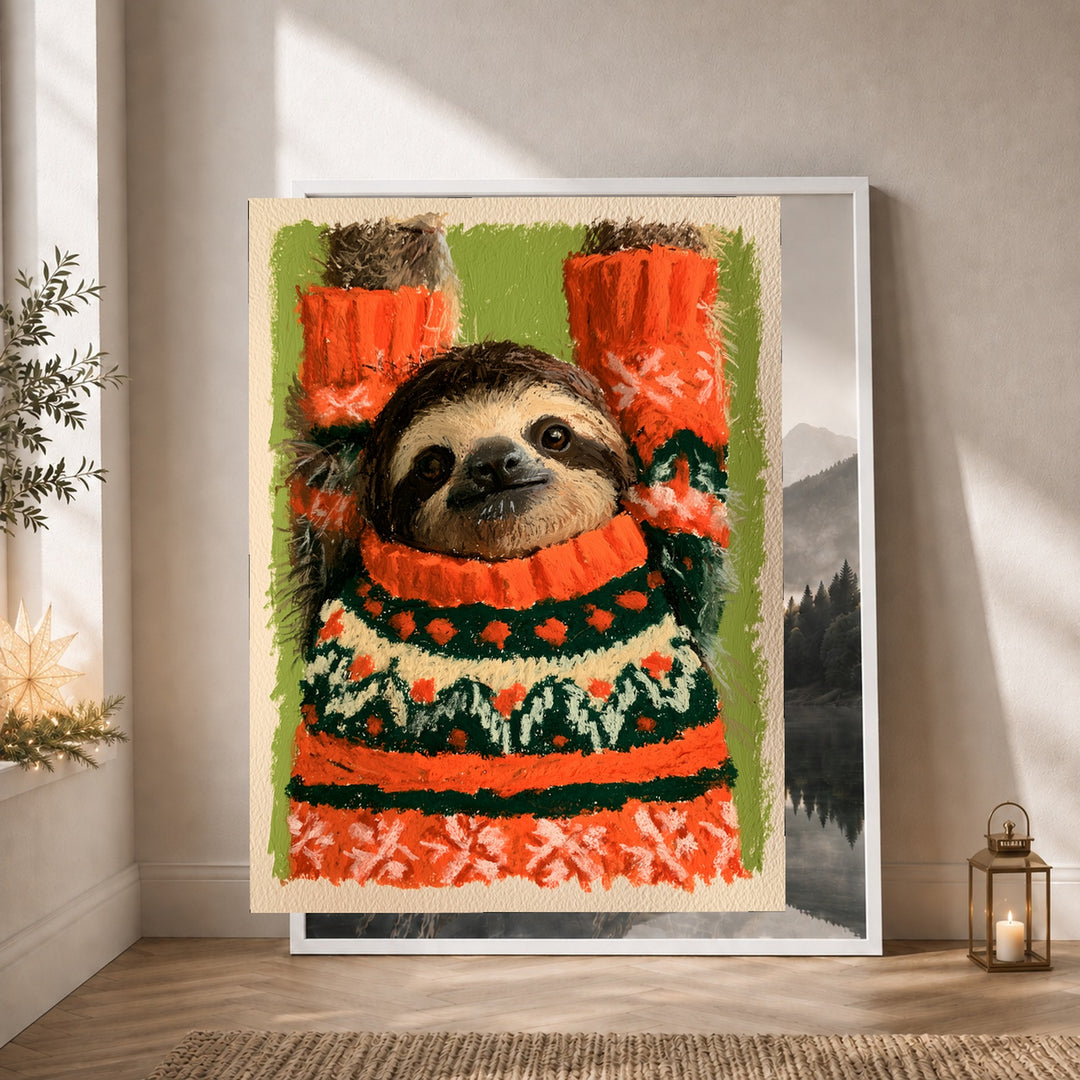 Faultier im Weihnachtspullover Poster – Weißer Rahmen – Produktfoto