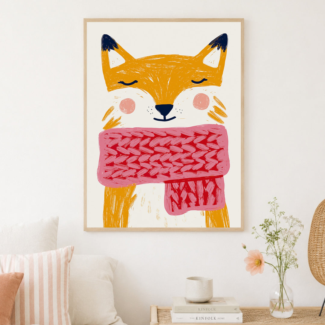 fuchs-mit-rosa-schal Poster – Holz natur Rahmen – Produktfoto