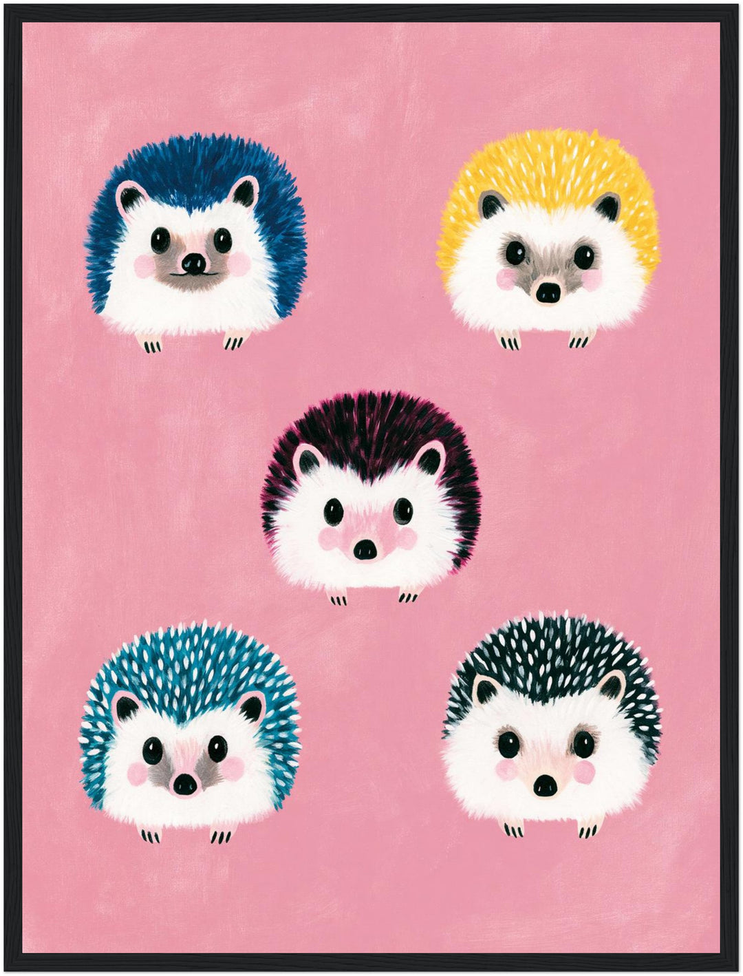 Fünf bunte Igel Poster – Schwarzer Rahmen – Produktfoto