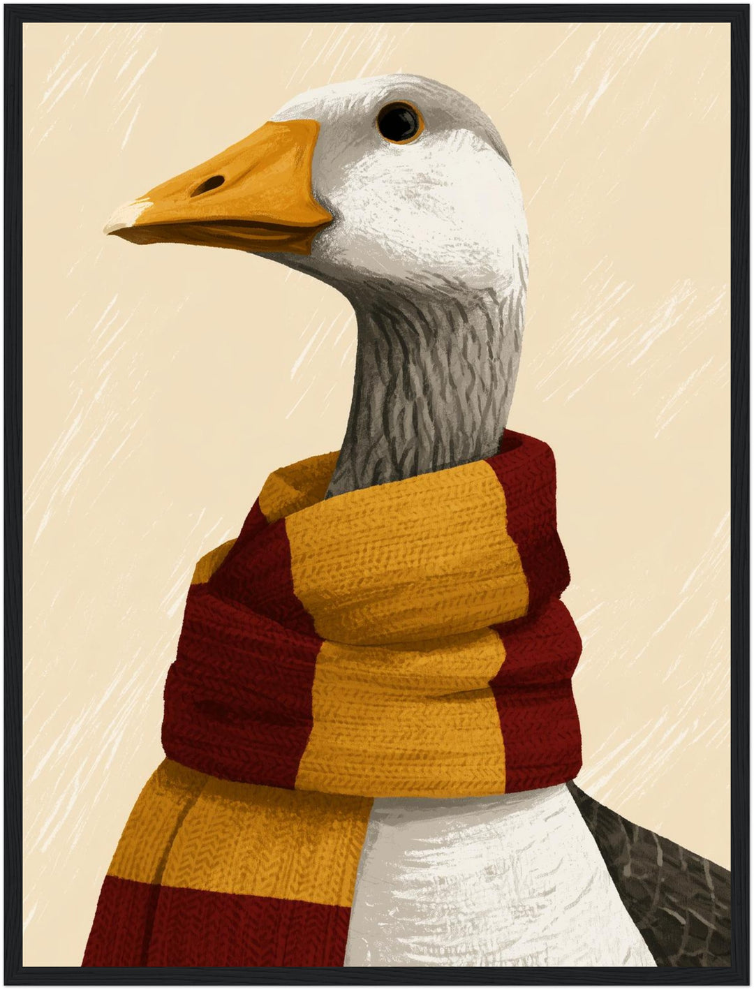 Gans im Hogwarts-Schal Poster – Schwarzer Rahmen – Produktfoto
