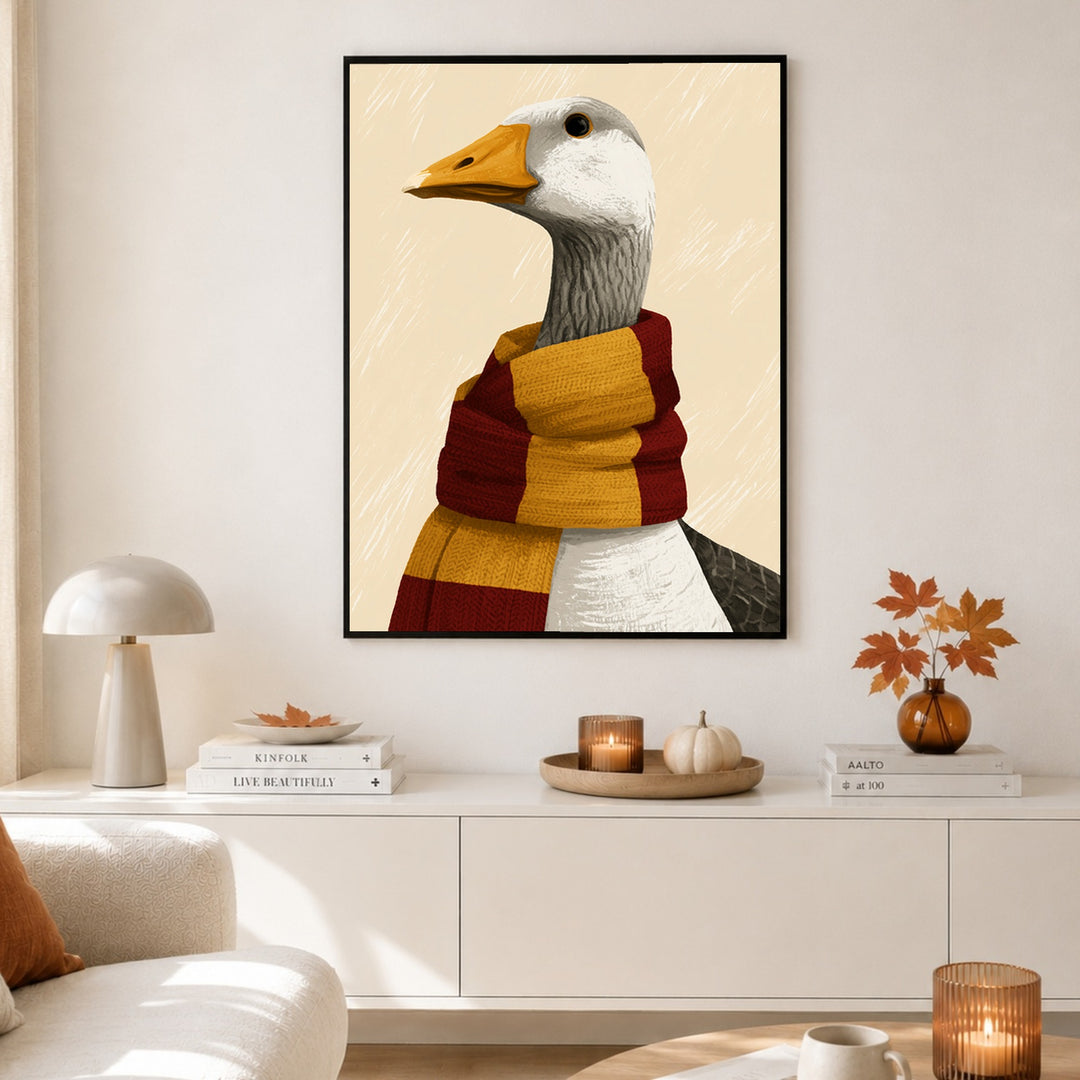 Gans im Hogwarts-Schal Poster – Schwarzer Rahmen – Produktfoto