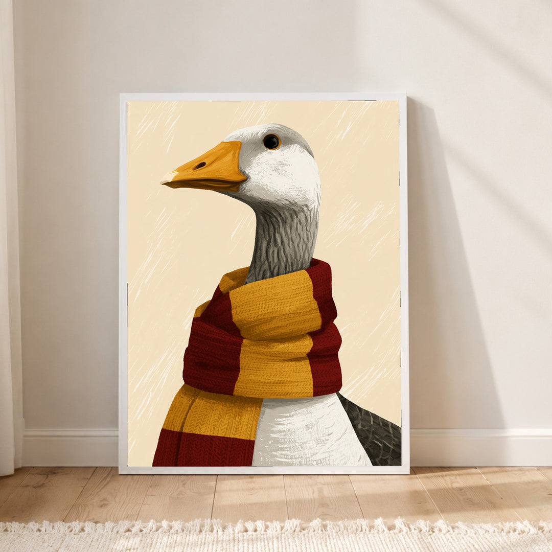 Gans im Hogwarts-Schal Poster – Weißer Rahmen – Produktfoto