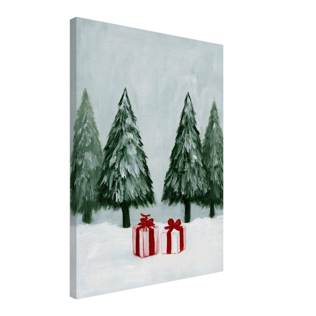 Wintergeschenke im Schnee Leinwandbild – Schräge Ansicht – Produktfoto