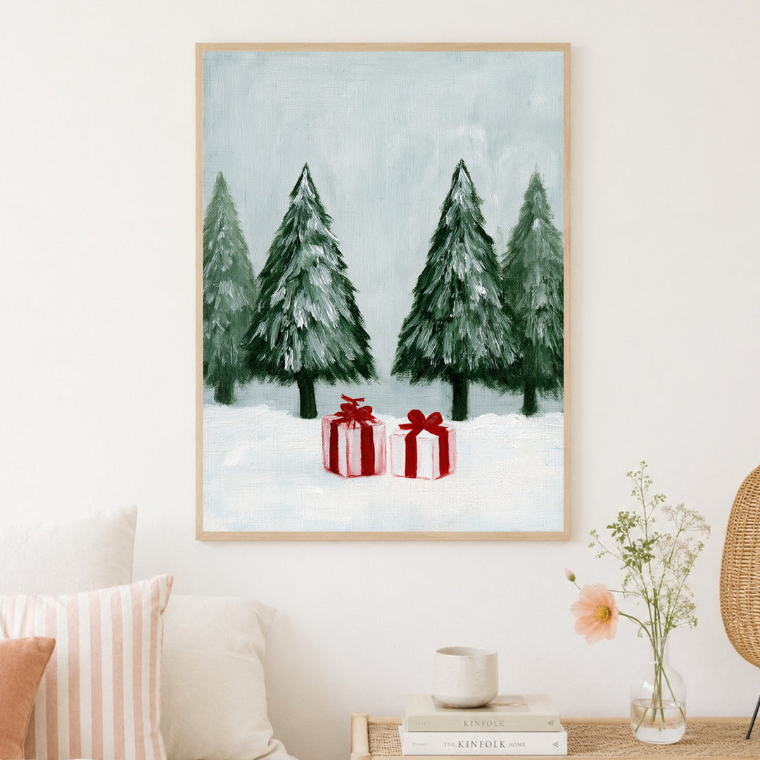 Wintergeschenke im Schnee Poster – Holz natur Rahmen – Produktfoto