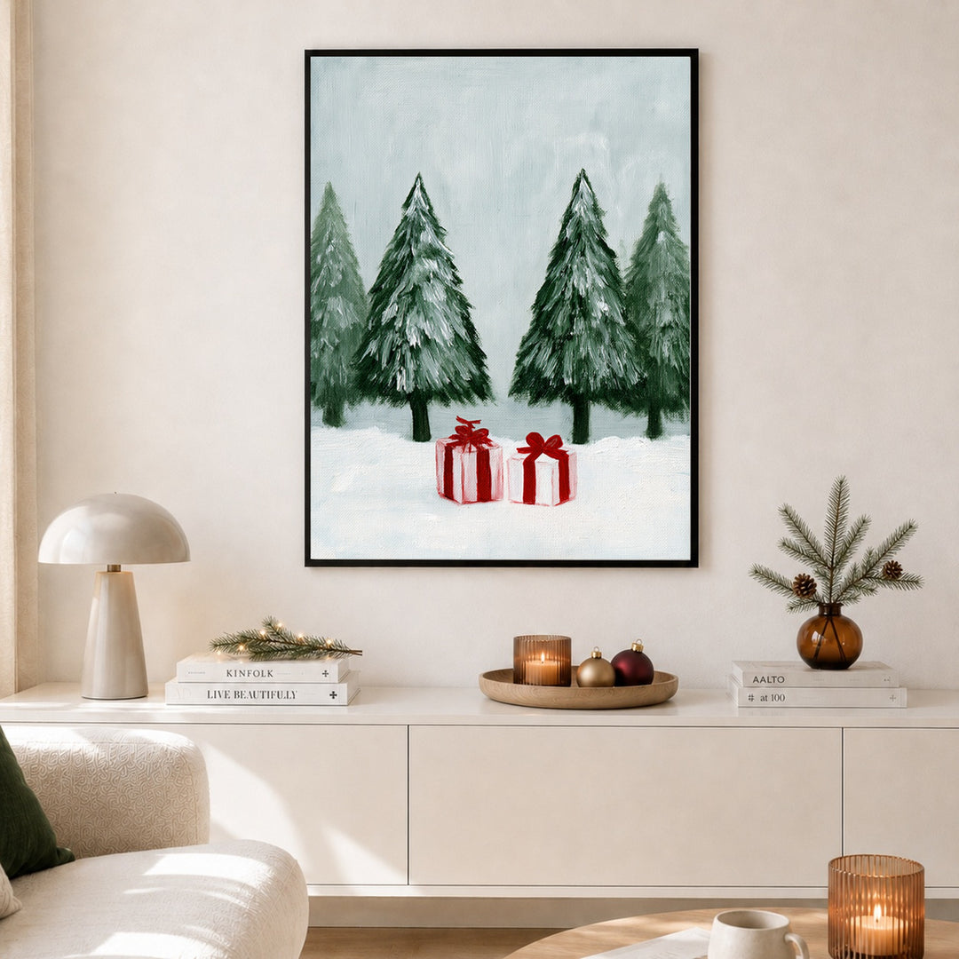 Wintergeschenke im Schnee Poster – Schwarzer Rahmen – Produktfoto