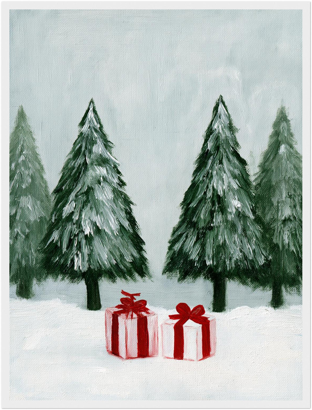 Wintergeschenke im Schnee Poster – Weißer Rahmen – Produktfoto