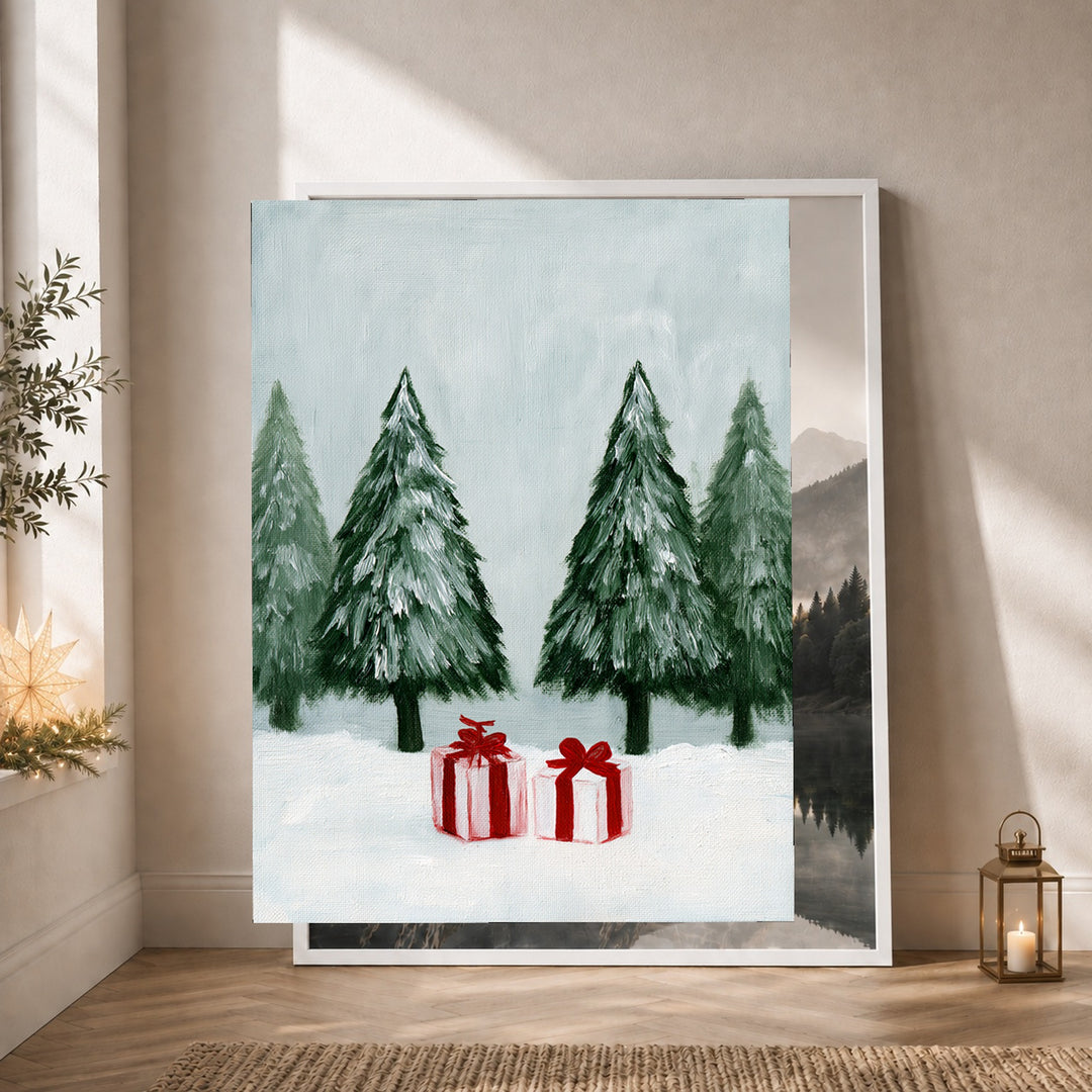 Wintergeschenke im Schnee Poster – Weißer Rahmen – Produktfoto