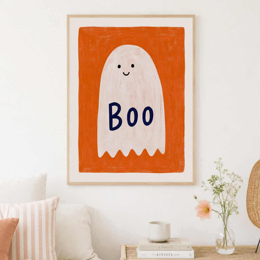 gespenst-boo-halloween Poster – Holz natur Rahmen – Produktfoto