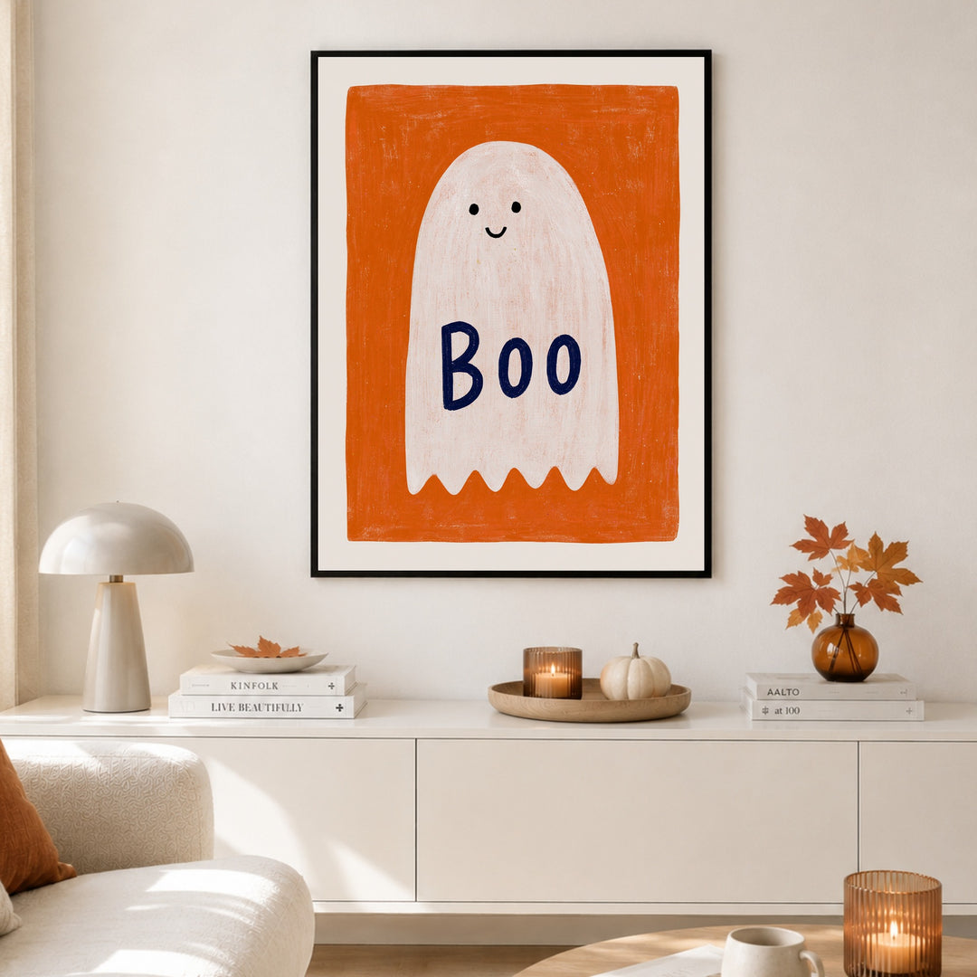 gespenst-boo-halloween Poster – Schwarzer Rahmen – Produktfoto