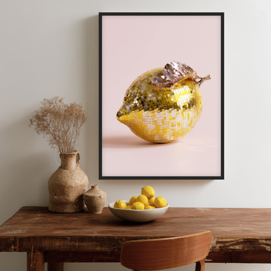 Goldene Zitrone verspiegelt Poster – Schwarzer Rahmen – Produktfoto