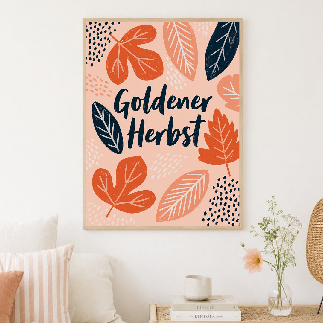 Goldener Herbst Blätterreigen Poster – Holz natur Rahmen – Produktfoto