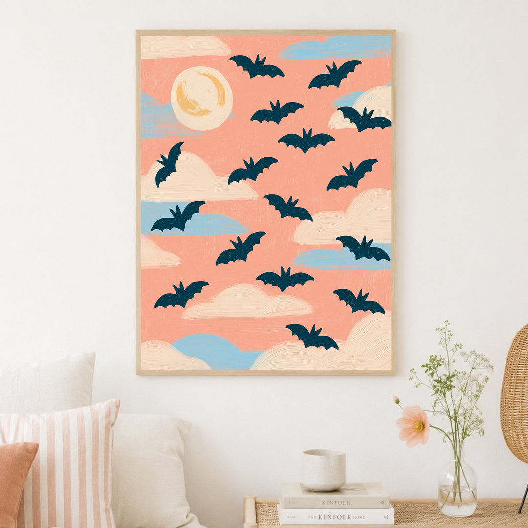 Halloween Fledermäuse Rosa Poster – Holz natur Rahmen – Produktfoto