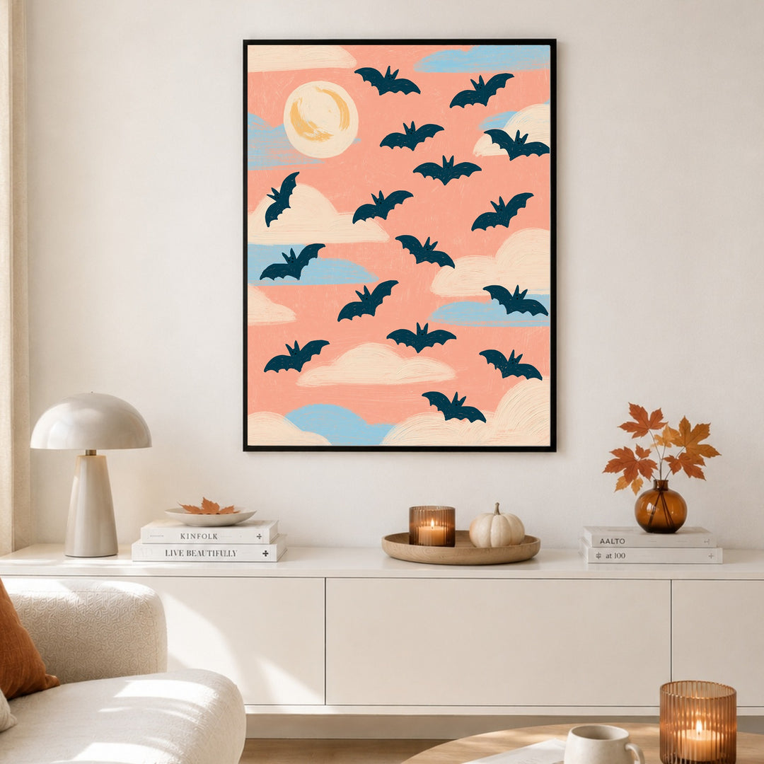 Halloween Fledermäuse Rosa Poster – Schwarzer Rahmen – Produktfoto