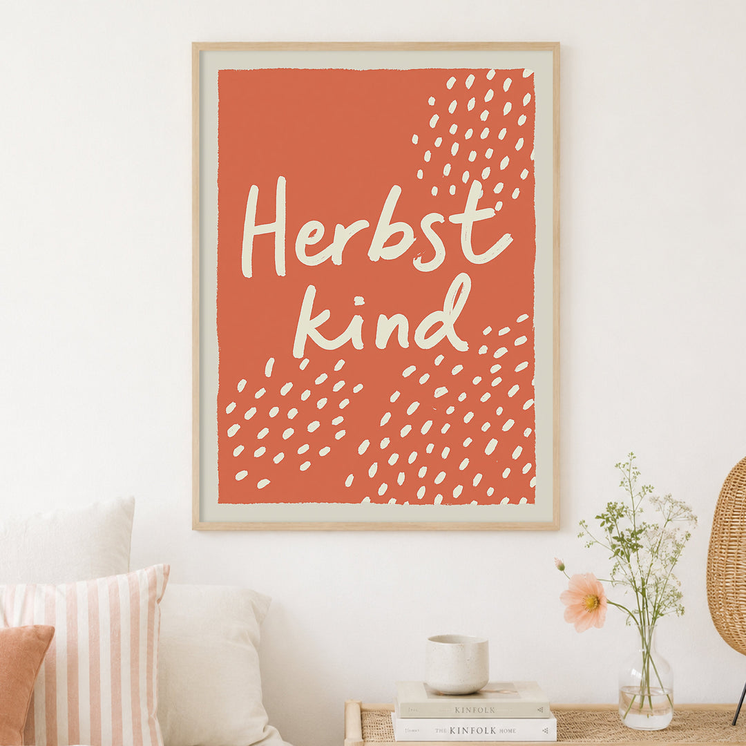 herbstkind-schriftzug Poster – Holz natur Rahmen – Produktfoto