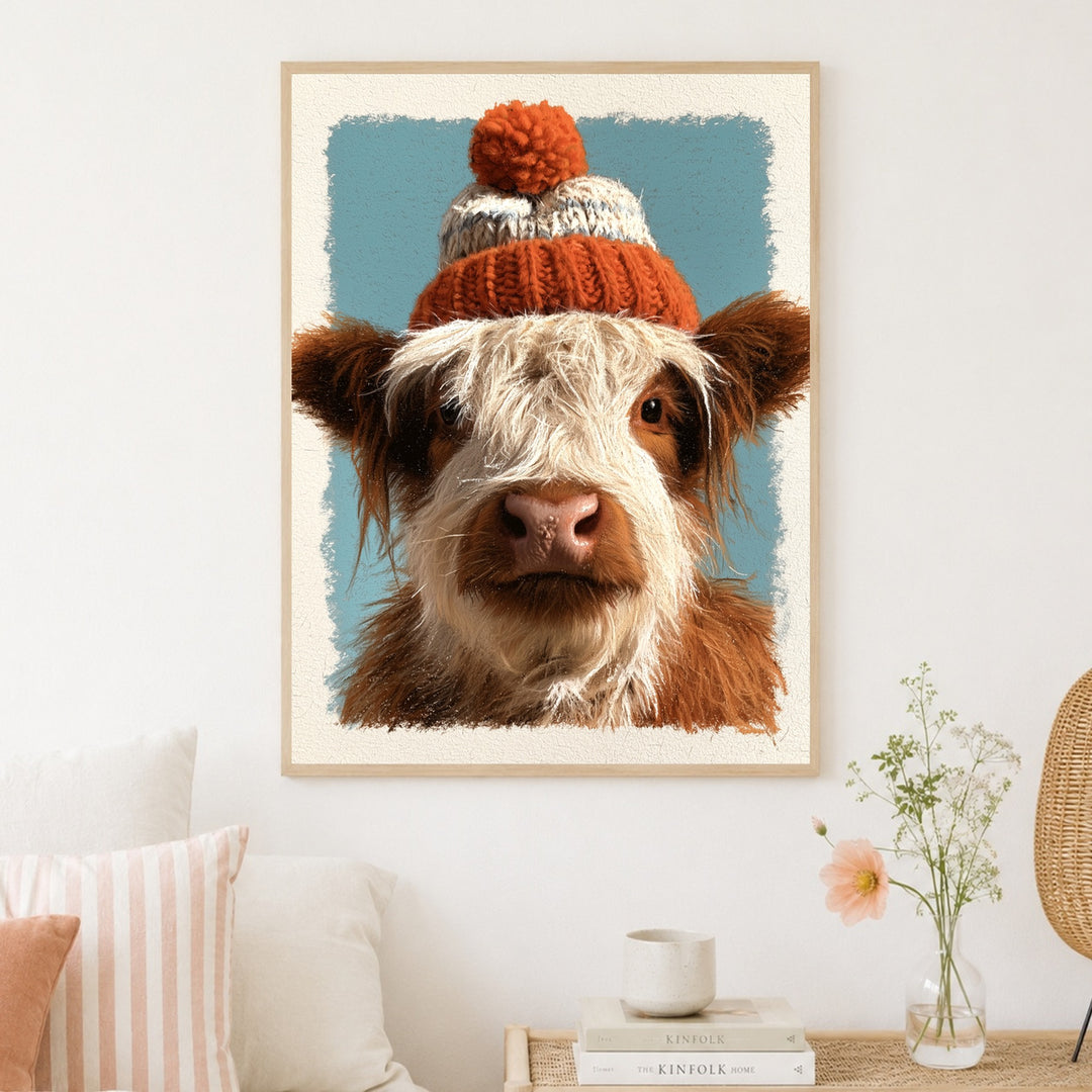 Highlander mit Wollmütze Poster – Holz natur Rahmen – Produktfoto