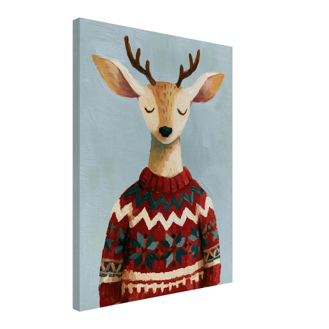 Rentier im Weihnachtspullover Leinwandbild – Schräge Ansicht – Produktfoto