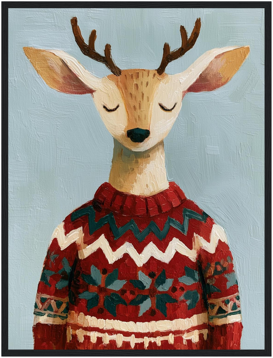Rentier im Weihnachtspullover Poster – Schwarzer Rahmen – Produktfoto