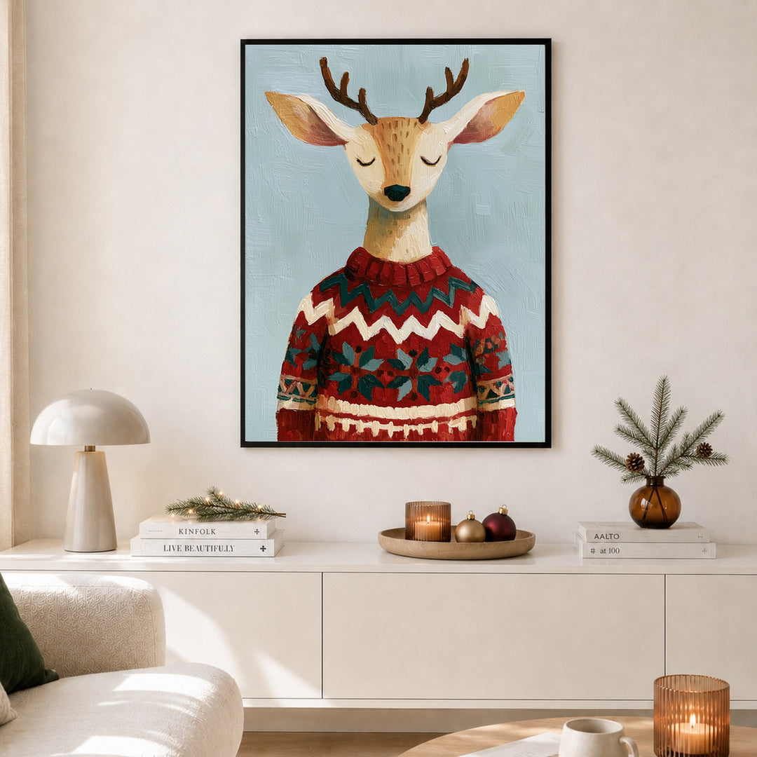 Rentier im Weihnachtspullover Poster – Schwarzer Rahmen – Produktfoto