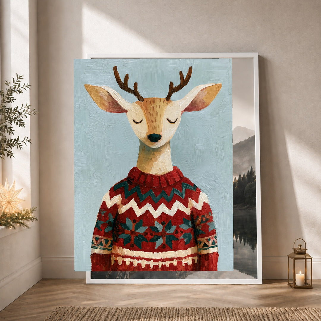 Rentier im Weihnachtspullover Poster – Weißer Rahmen – Produktfoto