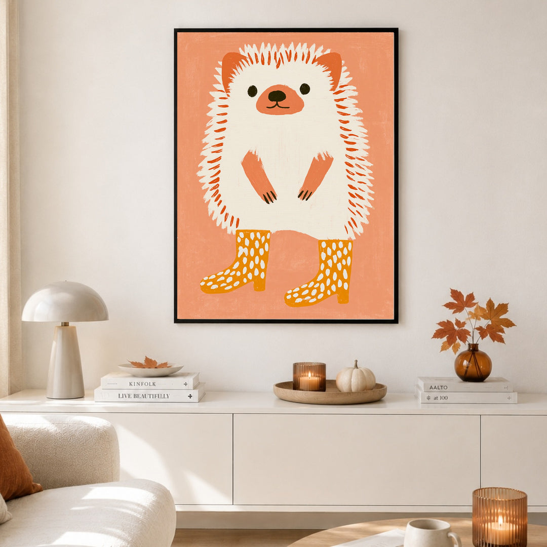 Igel in Gummistiefeln Poster – Schwarzer Rahmen – Produktfoto
