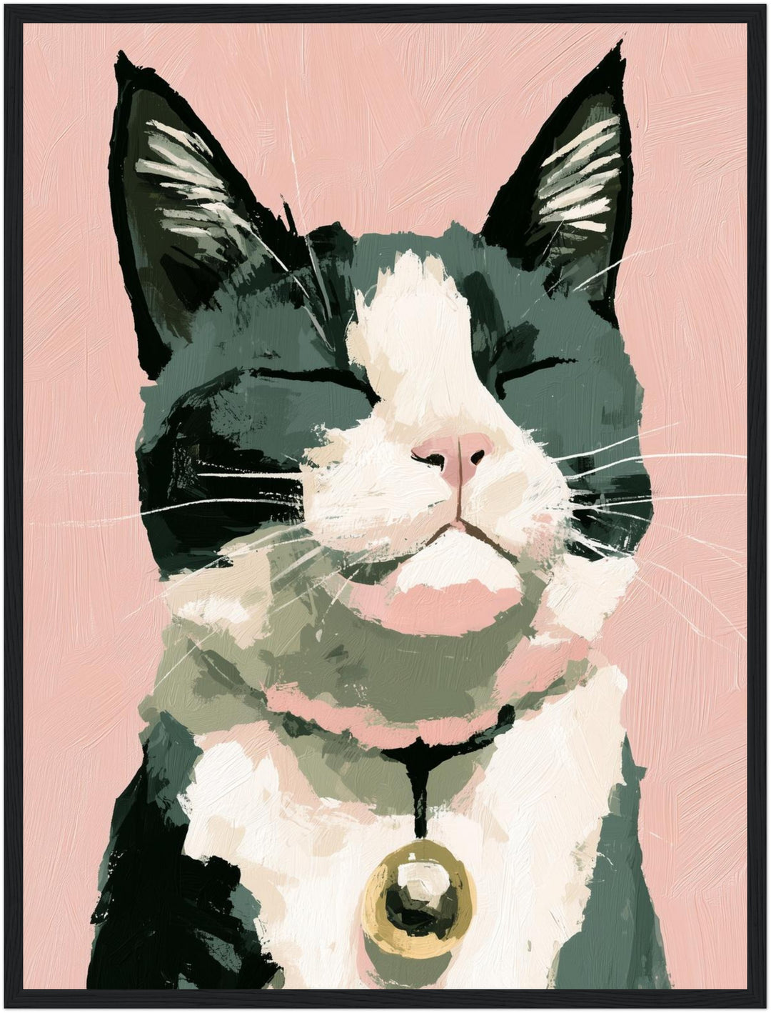 Zufriedene Katze mit Glöckchen Poster – Schwarzer Rahmen – Produktfoto