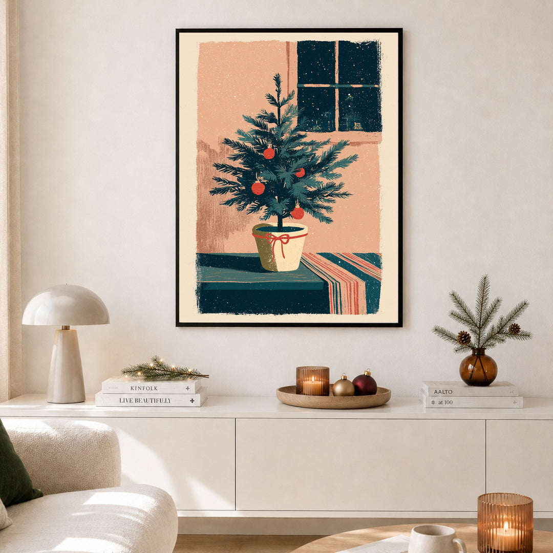 Kleiner Weihnachtsbaum im Schnee Poster – Schwarzer Rahmen – Produktfoto