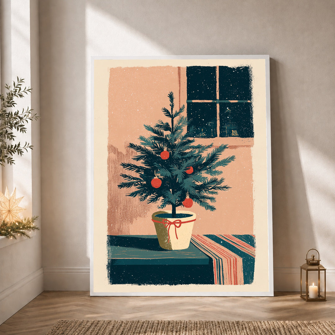 Kleiner Weihnachtsbaum im Schnee Poster – Weißer Rahmen – Produktfoto