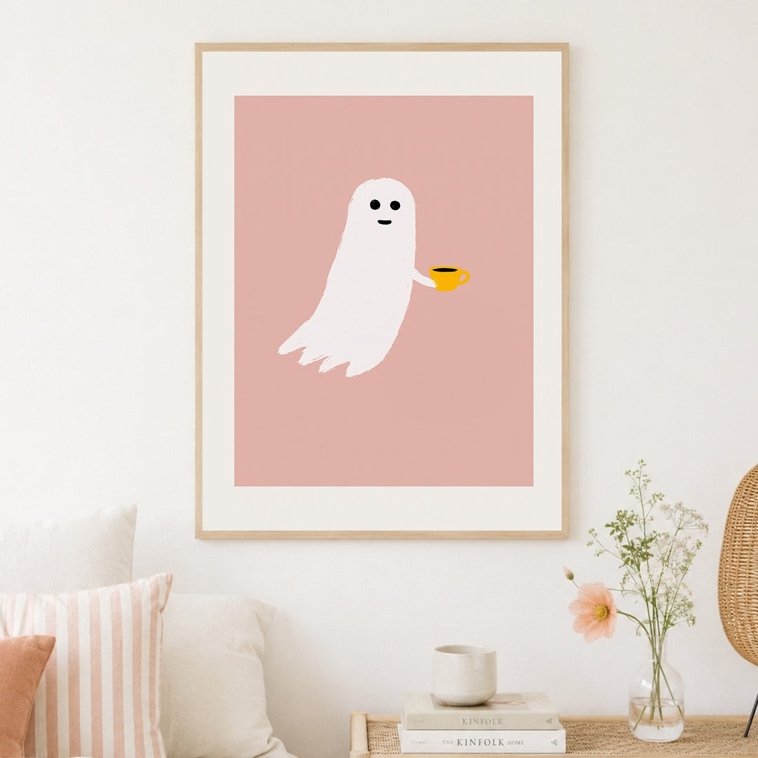 Kleines Gespenst Kaffeepause Poster – Holz natur Rahmen – Produktfoto