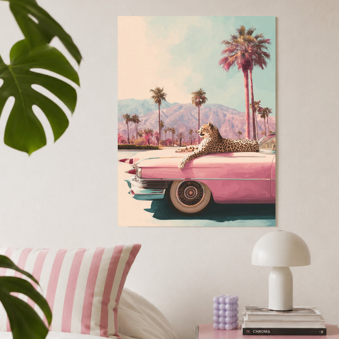 Leopard auf rosa Cadillac Poster – Ohne Rahmen – Produktfoto