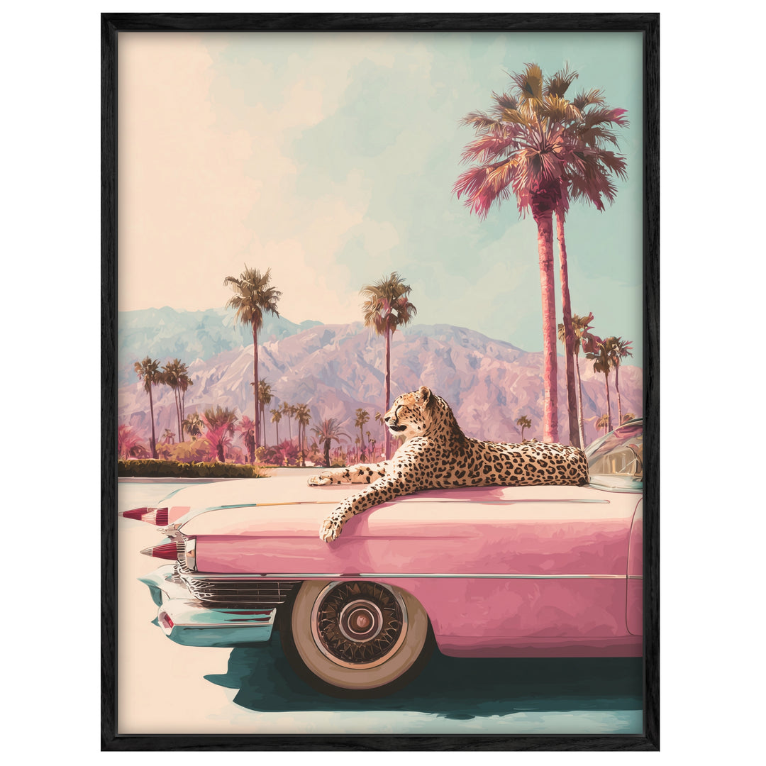 Leopard auf rosa Cadillac Leinwandbild – Leinwandbild