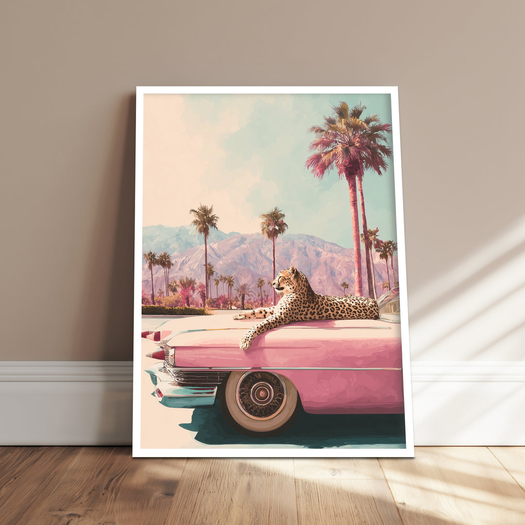 Leopard auf rosa Cadillac Poster – Weißer Rahmen – Produktfoto