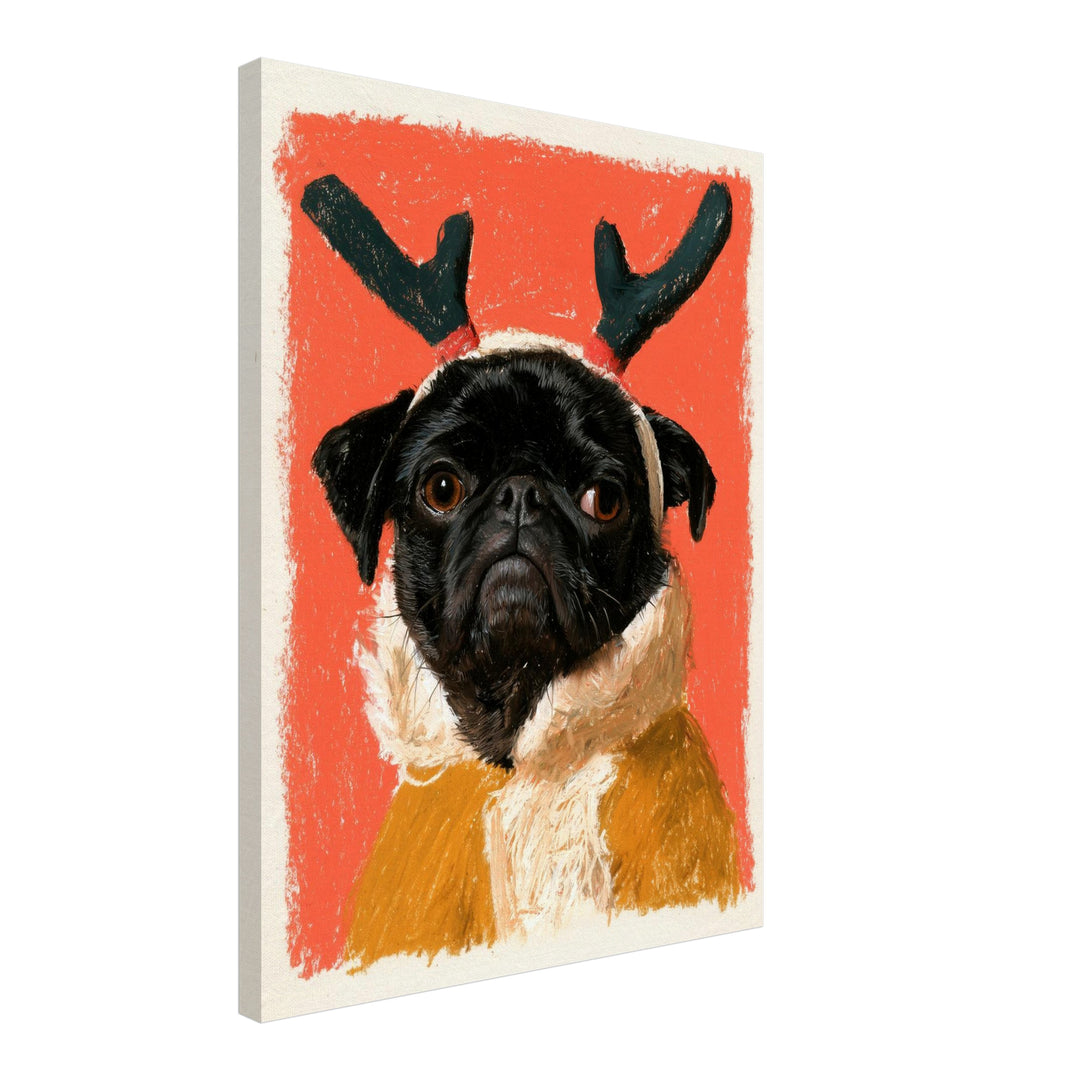 Mops als Rentier Leinwandbild – Schräge Ansicht – Produktfoto