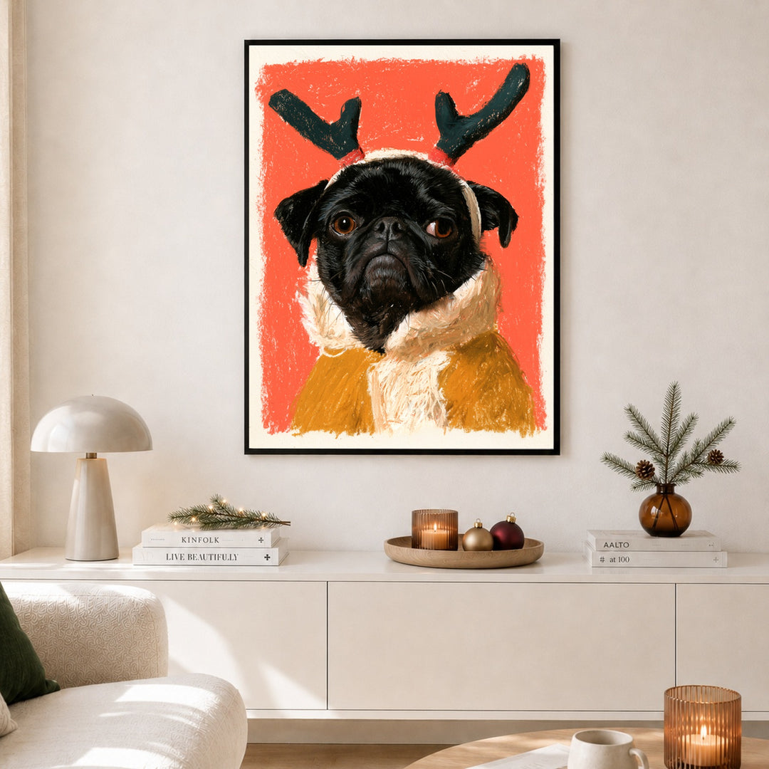 Mops als Rentier Poster – Schwarzer Rahmen – Produktfoto