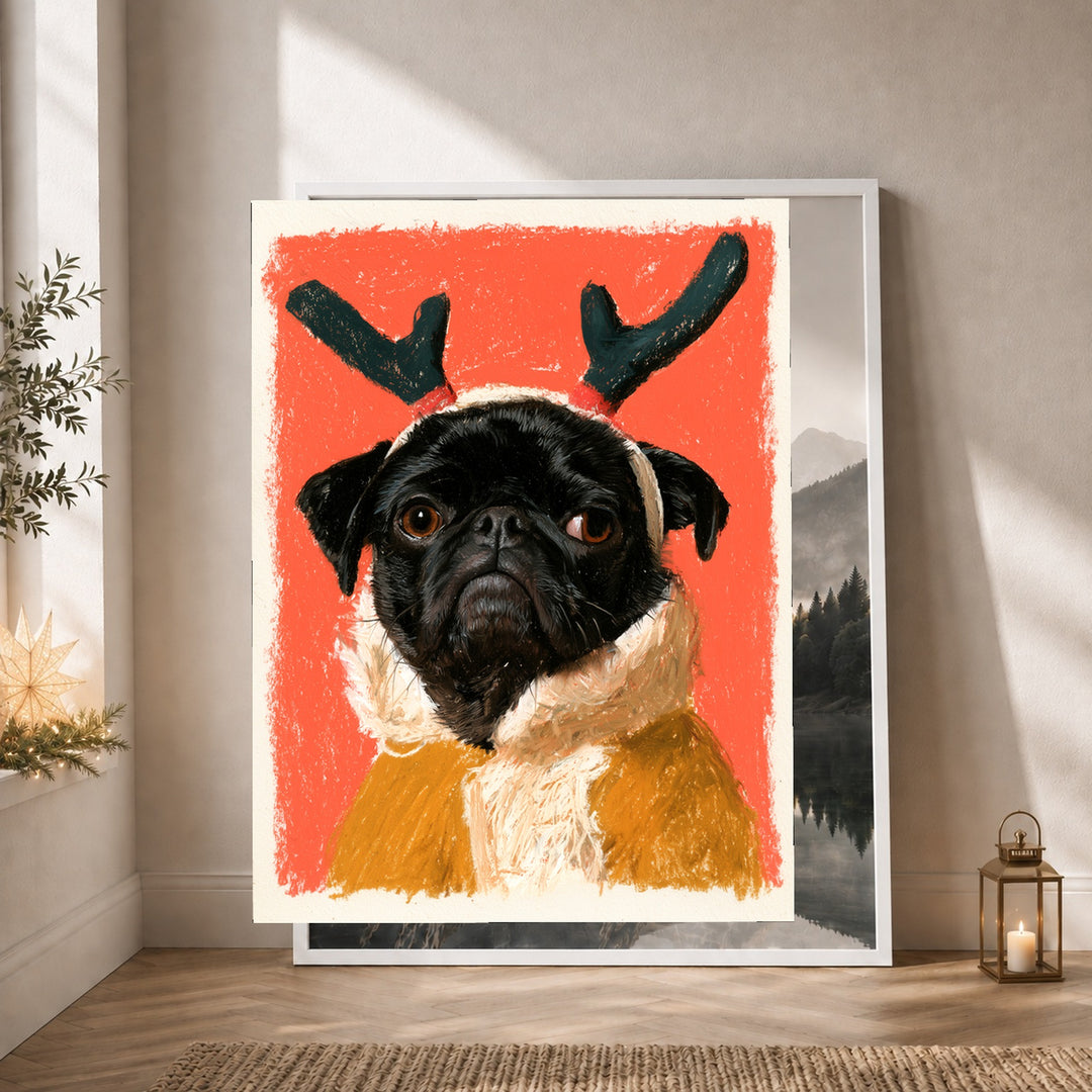Mops als Rentier Poster – Weißer Rahmen – Produktfoto