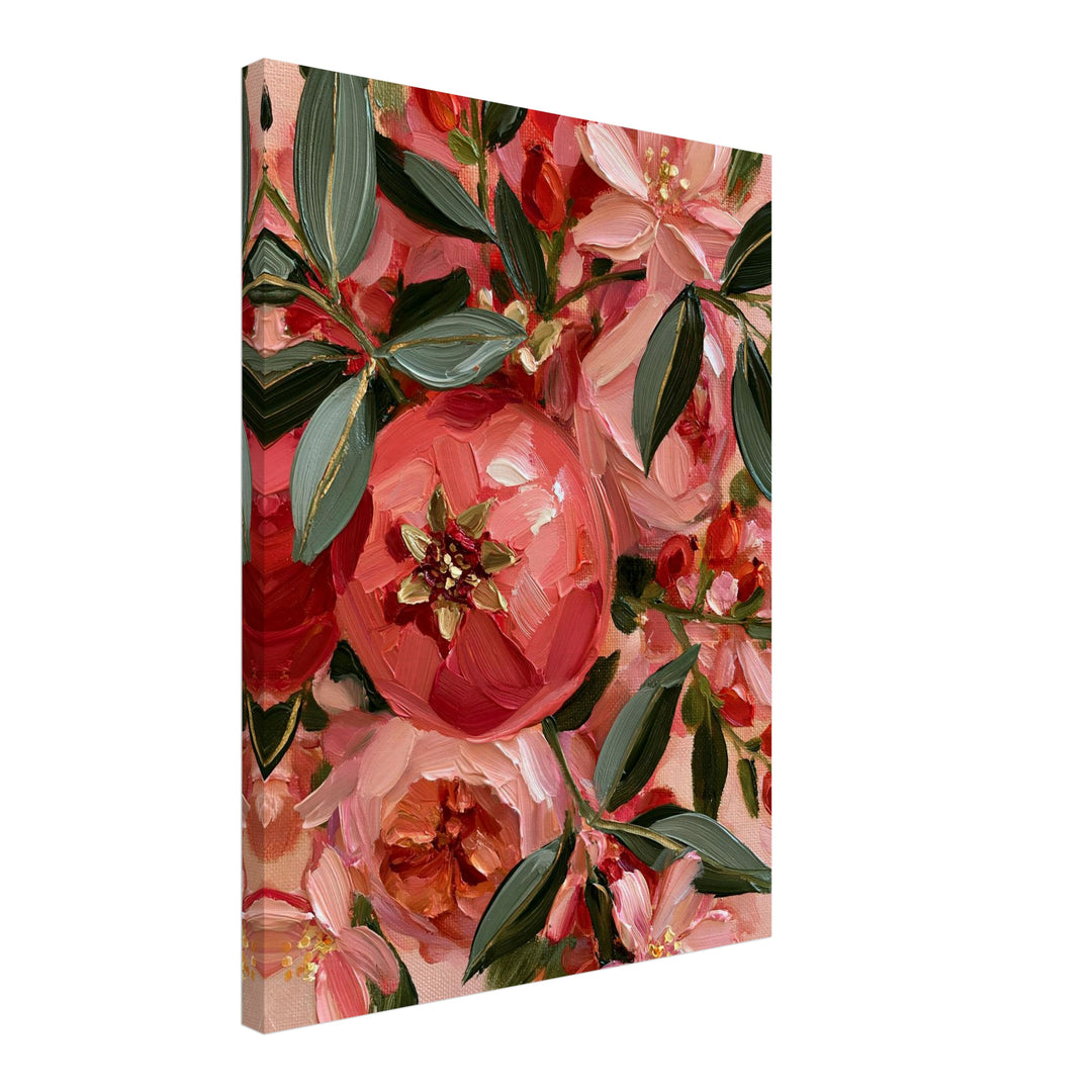 Pfingstrosenblüten in Korallrot Leinwandbild – Schräge Ansicht – Produktfoto