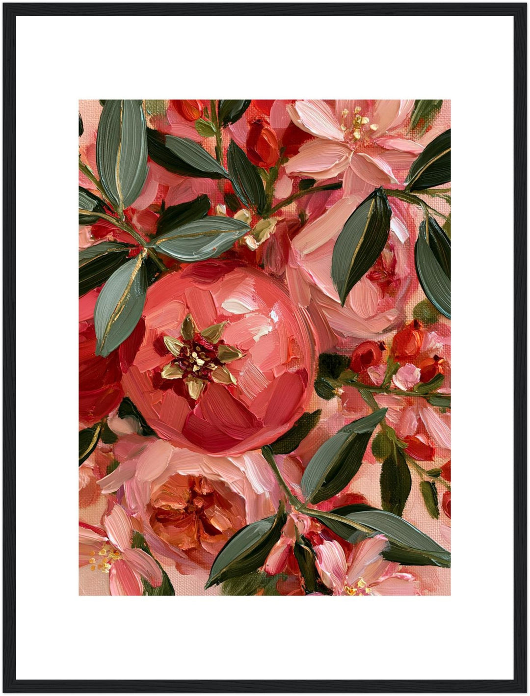 Pfingstrosenblüten in Korallrot Poster – Schwarzer Rahmen – Produktfoto