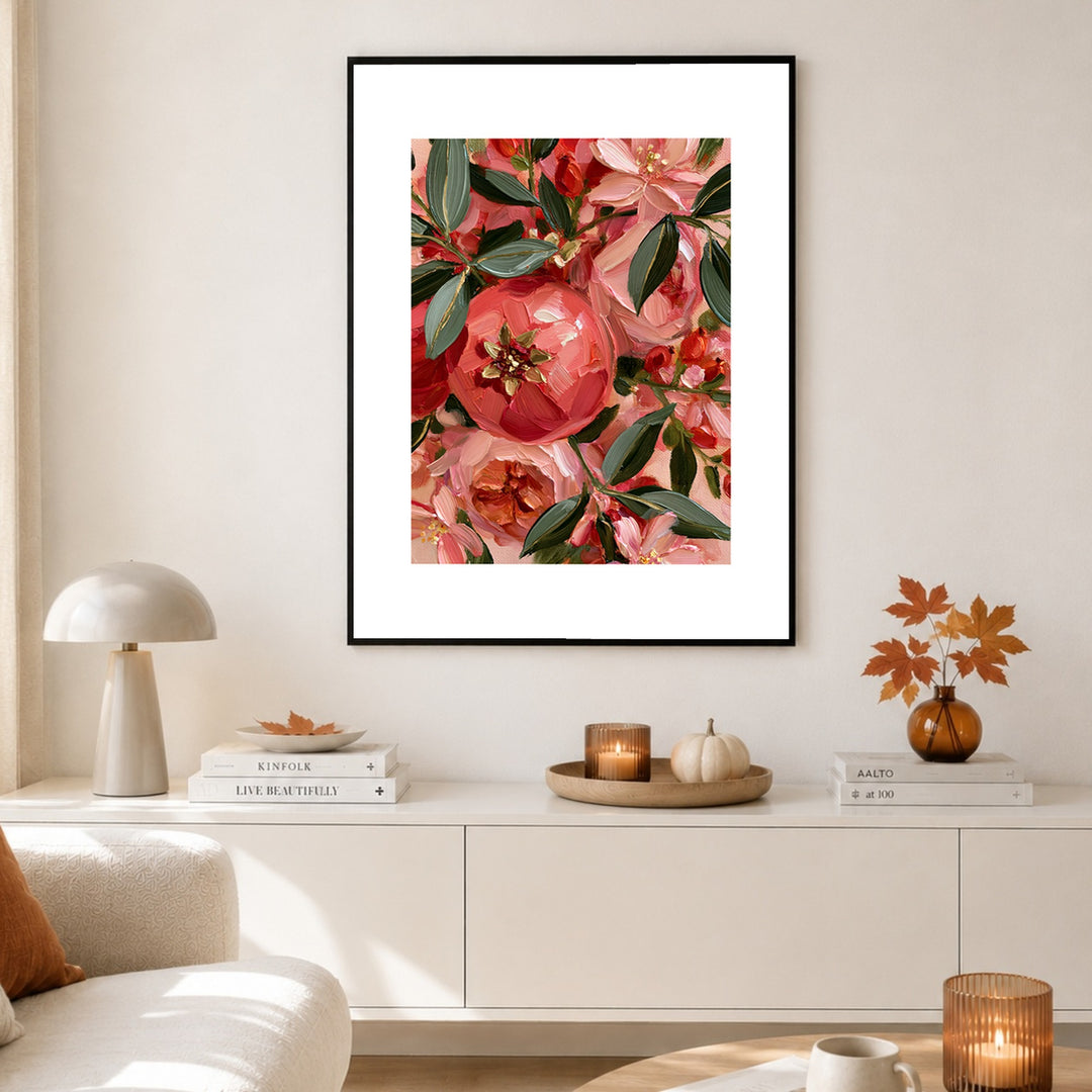 Pfingstrosenblüten in Korallrot Poster – Schwarzer Rahmen – Produktfoto